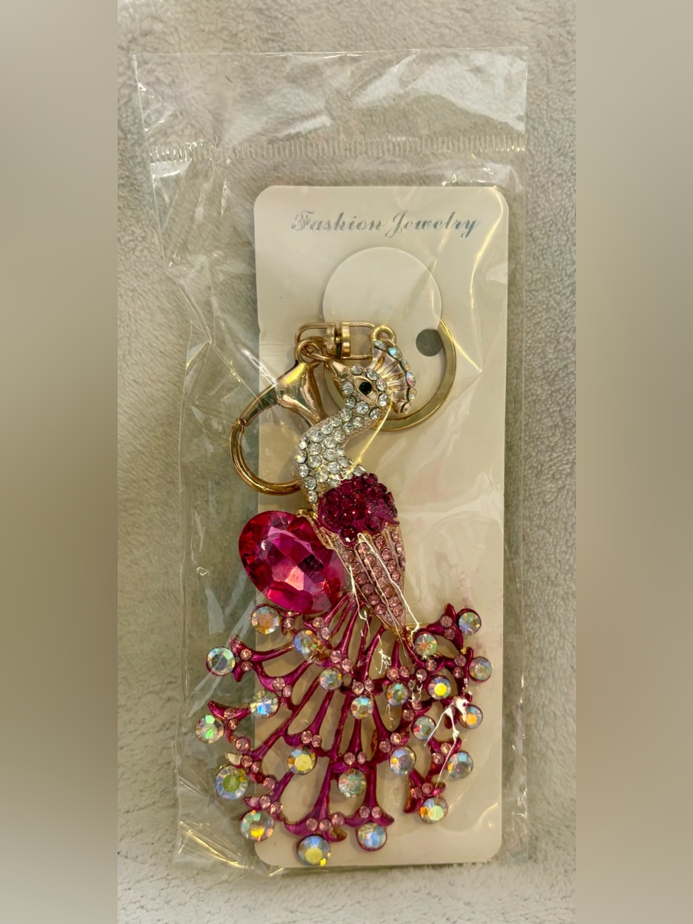 Pink Crystal Peacock Keychain Charm